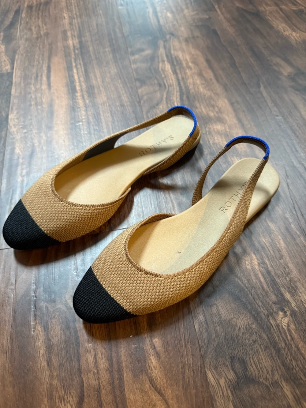 Rothy's Tan Slingback Flats with Black Toe and Blue Trim